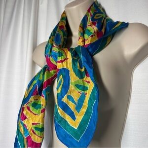 Vtg HONEY Bright Multicolor Floral Silk SIGNED SCARF Japan Preppy Career Spring